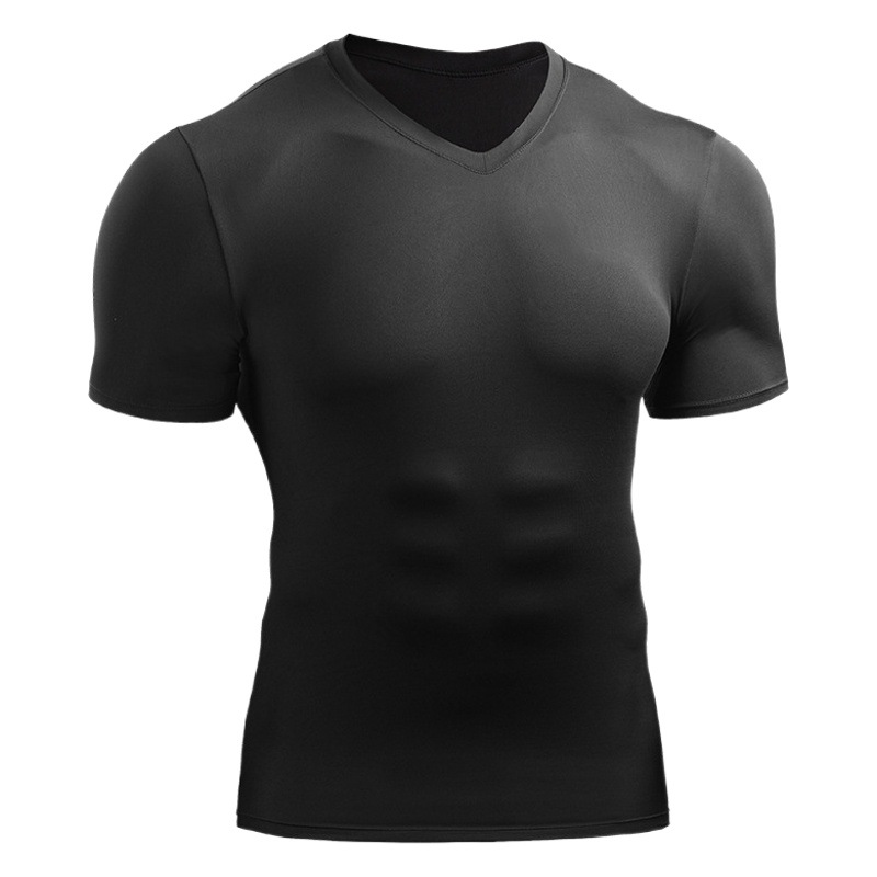 Men's Tight V-neck Sports Short-sleeved T-shirt Fitness Clothes Running High Elastic Breathable Quick-drying Base Shirt Compression Top