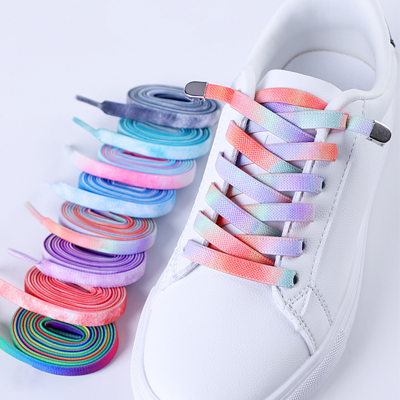 Picture of Widened 8MM Tie-Dye Elastic Tie-Free Shoelace Press Buckle Children's Tie-Free Elastic Step-in White Shoe sneaker
