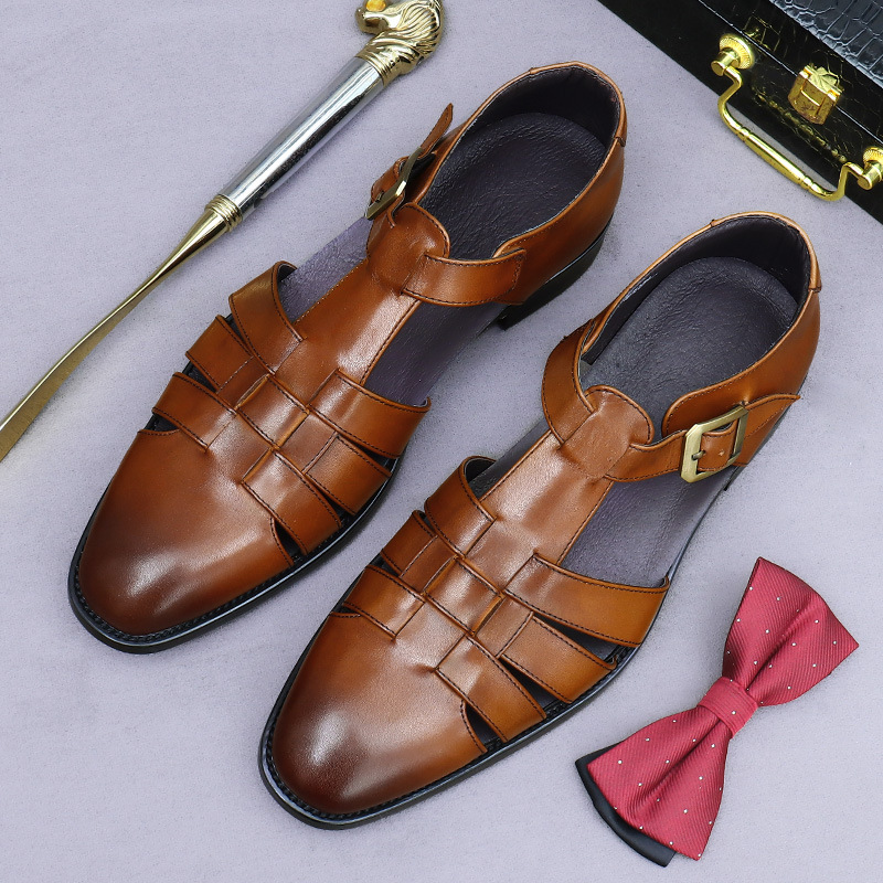 [Big Sale] Light Luxury Leather Sandals Men's First Layer Cowhide Summer Genuine Leather Cowhide Driving Sandals Retro Buckle Shoes