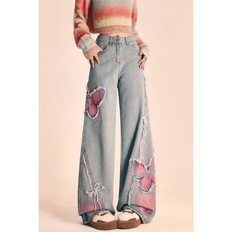 Picture of American Style Retro Butterfly Embroidery Design Sense Rouge 2024 Hong Kong Style Jeans Women's Sweet Cool Narrow Wide Leg Straight Leg Pants