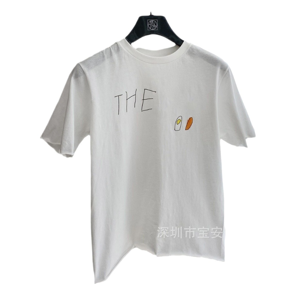 Row French Hand-Painted Graffiti Childlike Simple Loose Casual Curled Short-Sleeved Round Neck T-Shirt Top Nanyou Women's Clothing
