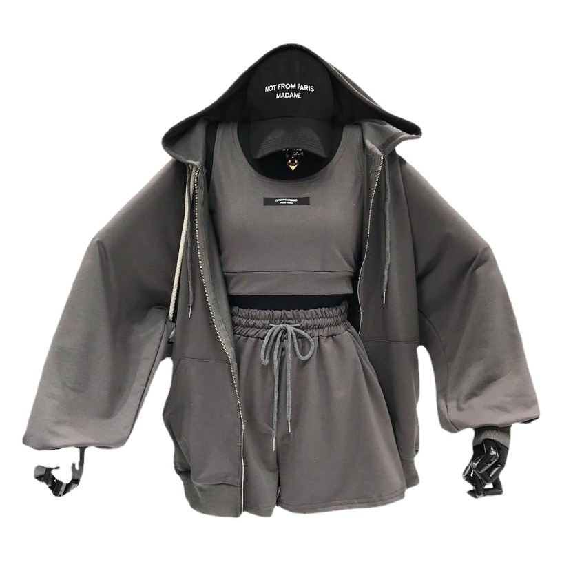 Sports Style suit Women's Spring and Autumn Clothing Fashion Casual Age-reducing Fitness Running Cyber Popular Age-reducing Sweatshirt Shorts Three-piece Set