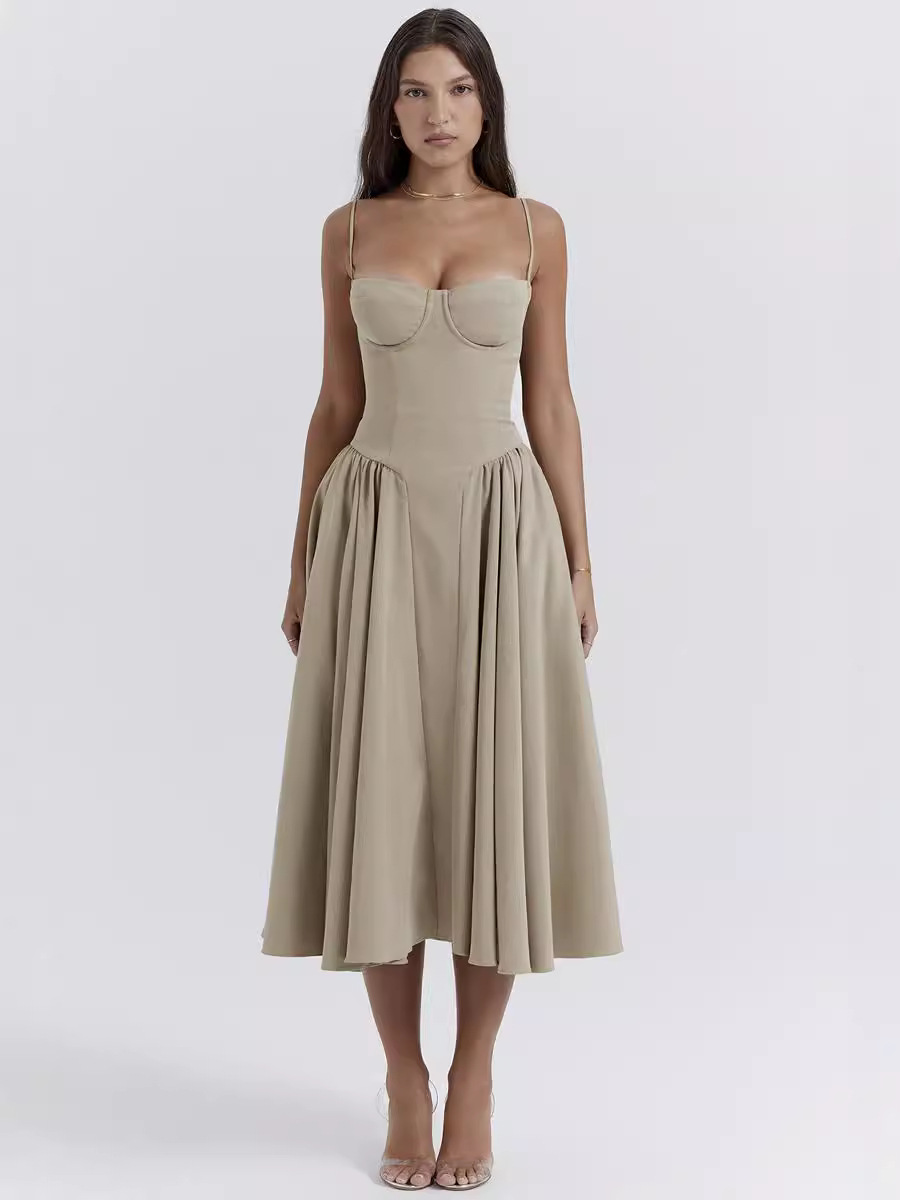 in stock 2024 Summer Niche Elegant Stitching Lazy Slip Skirt Solid Color Tight Waist Slimming Large Skirt dress