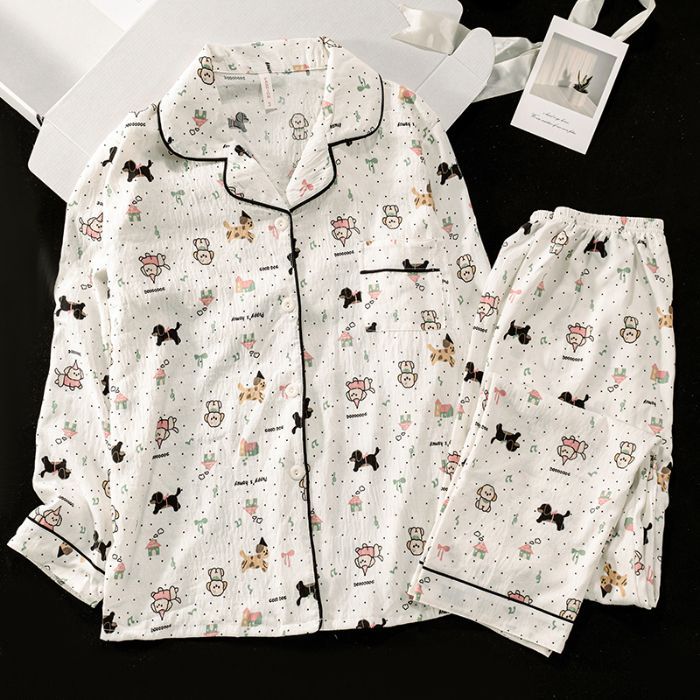 Spring and Autumn New Pajamas, Women's Cloud Cotton Long Sleeve Pants, Cardigan Lapel Set, Sweet Cartoon, Can Be Worn Outside, Home Wear