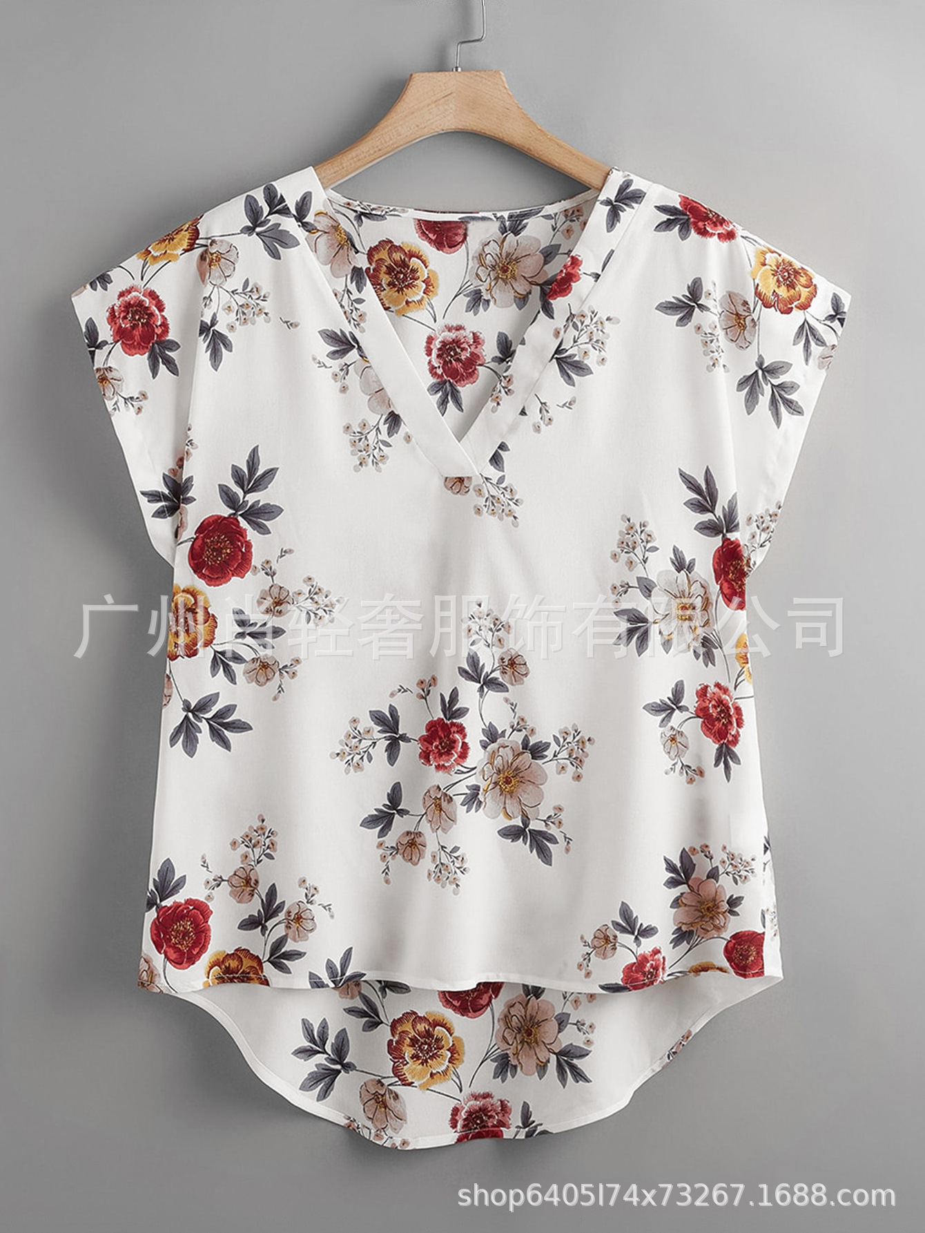 Cross-border New Foreign Trade European and American Printed V-neck Casual Loose Shirt Top Women's Clothing