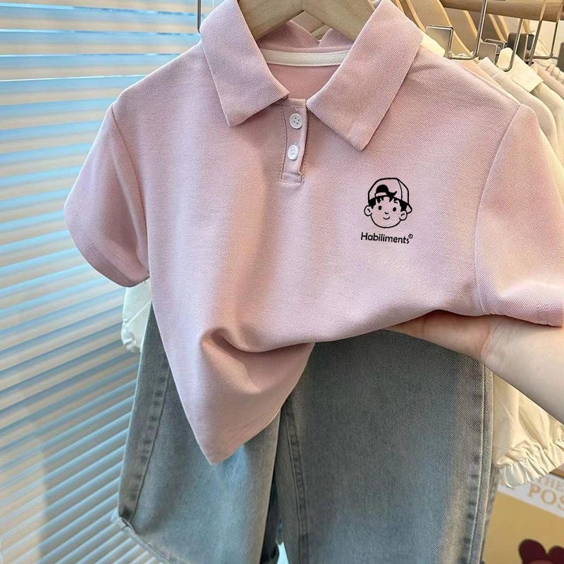 Children's Short-sleeved Polo Shirt Korean-style College Style Boys and Girls Lapel Summer Wear Cartoon Printed Loose All-match Trendy T-shirt