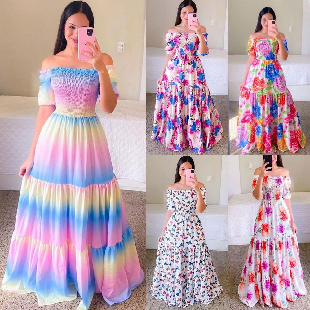 2023 Cross-border New Spring and Summer European and American Women's Dress Off-shoulder Floral Off-shoulder Long Printed Fairy Dress