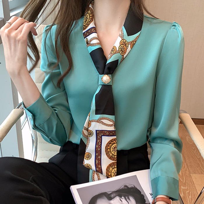 Picture of Chiffon Shirt for Women 2022 Spring & Fall Ribbon Design Niche Satin Shirt Elegant Fashionable Long-Sleeved Top Work Clothing