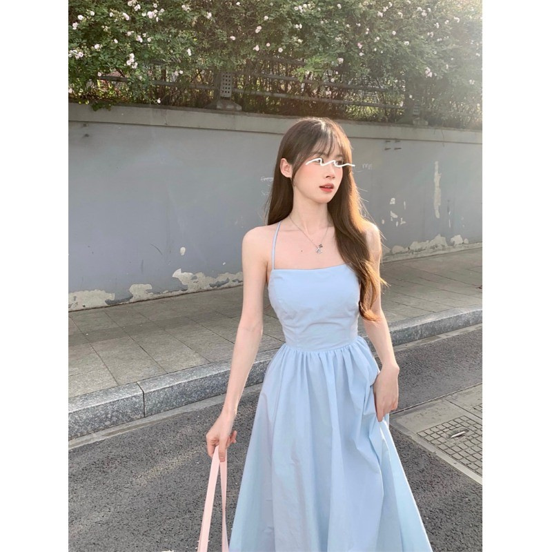 Summer 2024 New Pure Blue Sling dress Women's Tight Waist Slimming Elegant Lace-up Backless A- line Dress