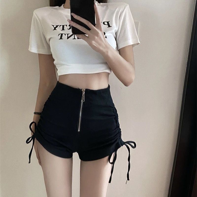 chubby girl plus size Black Shorts Women's Summer Outer Wear Design High Waist Hot Pants Drawstring Slimming All-match Casual Pants