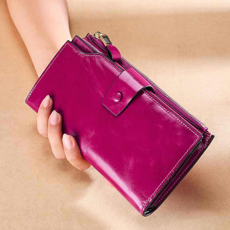 Picture of Cross-Border Genuine Leather Long Women's Wallet Rfid Anti-Theft Multi-Card Slot Wallet Retro Oil Wax Leather Girls' Clutch Bag