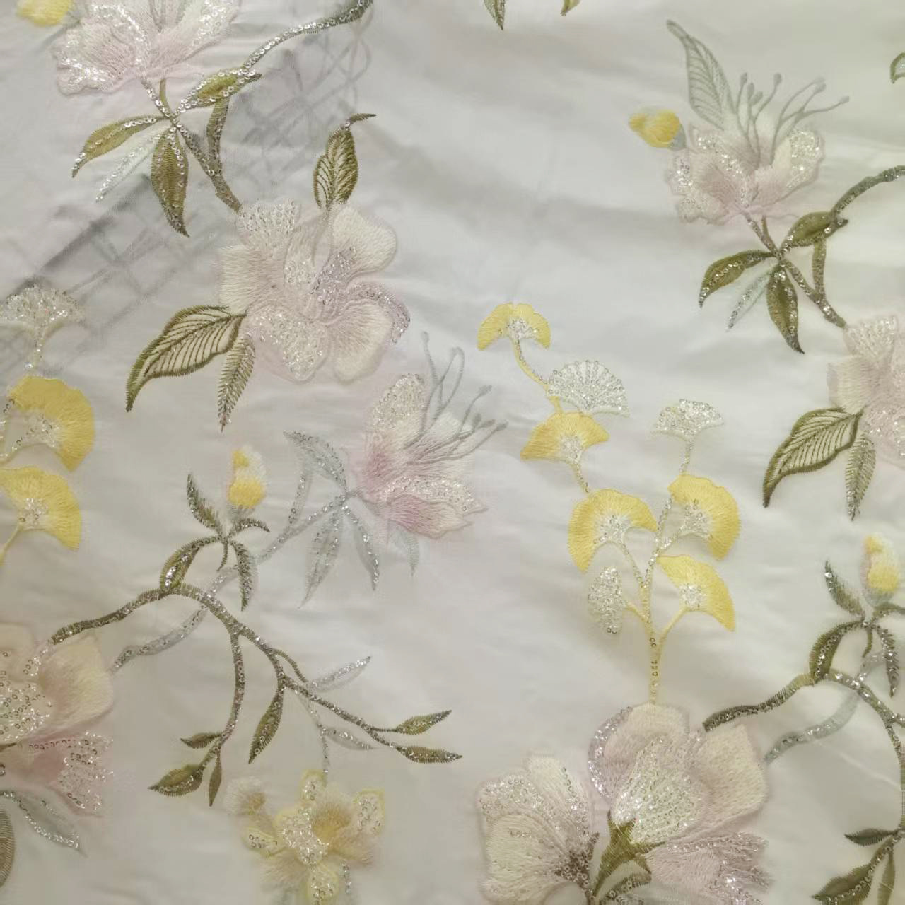 Designer Tencel Fabric Base Heavy Industry silver Sequins Multicolor Flower Embroidered Fabric New Chinese Style Cheongsam Surface Accessories