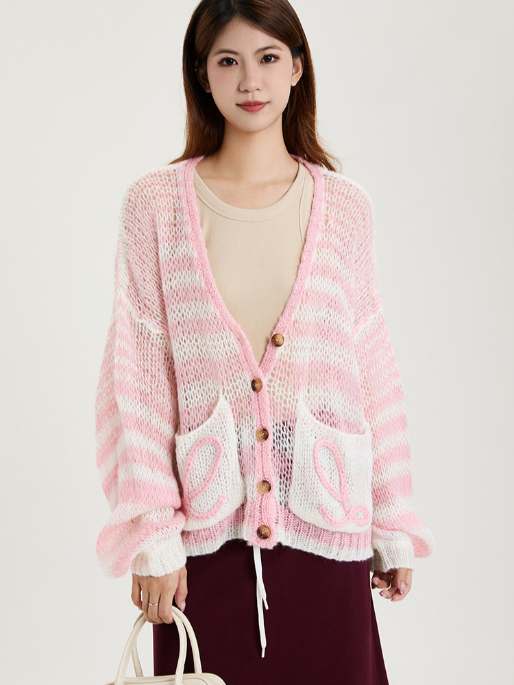 Picture of Spring and Autumn Fresh Lazy Loose Knitted Cardigan Top New Striped Contrast Color Hollow V-Neck Sweater Jacket for Women