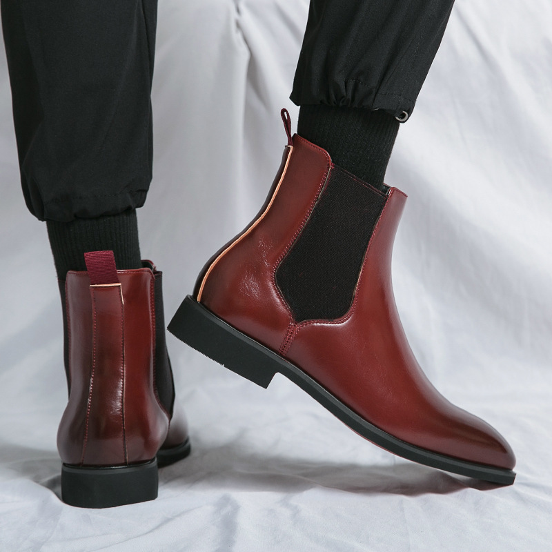 Autumn High-top Pointed Toe Red Leather Boots Cross-border plus size Sleeve Men's Business Shoes British-style Color-polished Leather Martin Boots