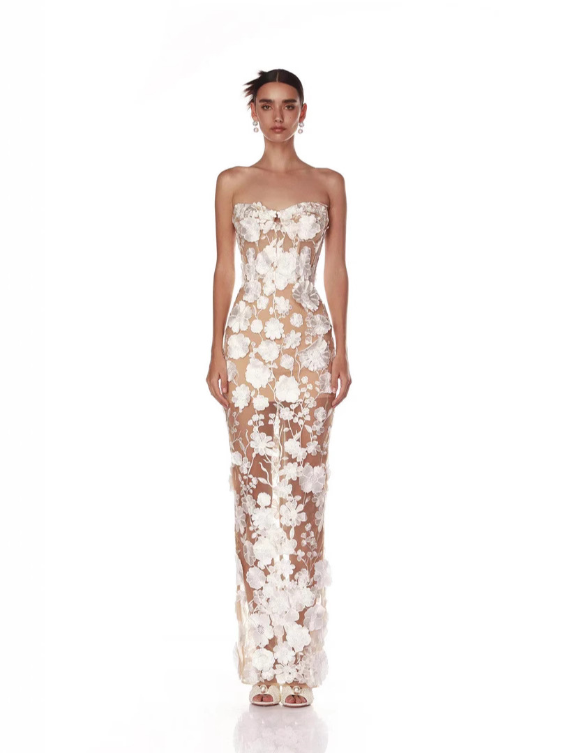 Foreign Trade Independent Station European and American Design High-grade Sense Three-dimensional Flower Tube Top dress Long Celebrity Banquet Dress