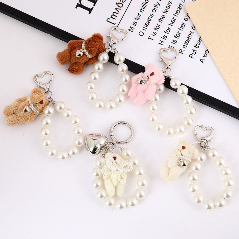 Elegant socialite high-class simple pearl plush bear key chain bag pendant chain fashion versatile gift