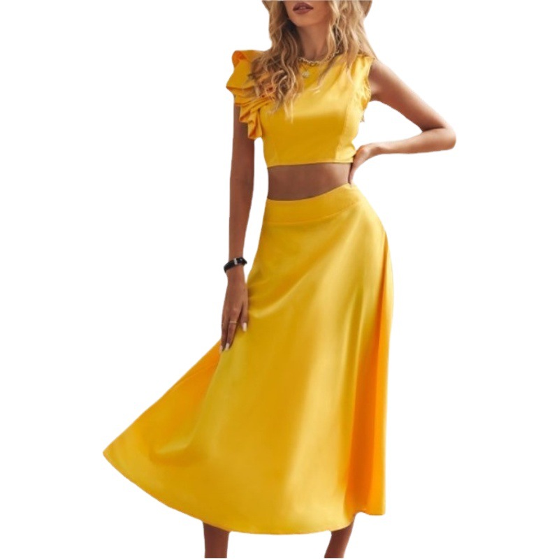 2023 European and American New Summer Ruffled Vest Sleeveless Backless Long Skirt Elegant Commuter Fashion suit