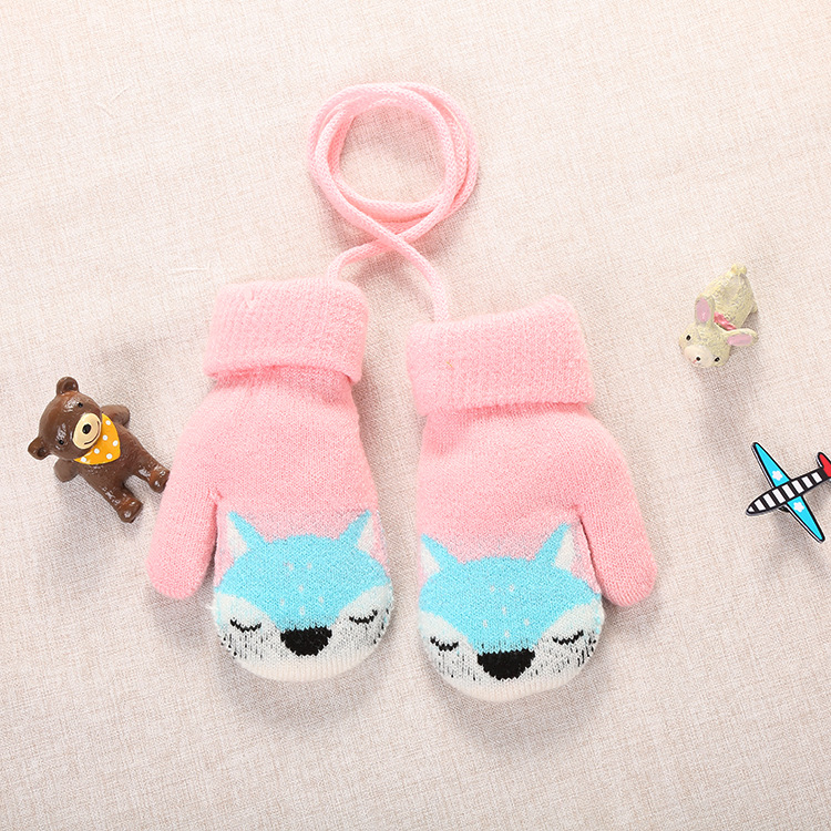 Picture of 3-Year-Old Cute Little Fox Winter Double-Layer Knitted Wool Fleece-Lined Thick Outdoor Warm Gloves Cartoon for Boys and Girls