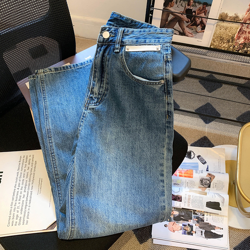 Picture of Design Sense Leather Label High Waist Petite Jeans Women's Autumn and Winter Loose Wide Leg All-match Casual Straight Pants