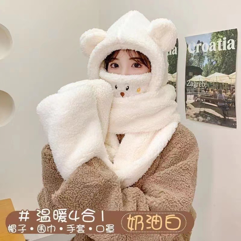 Picture of Autumn and Winter Hat New Cute Warm Mask Bear Hat Integrated Neck Scarf Gloves Popular Versatile Plush Four-In-One