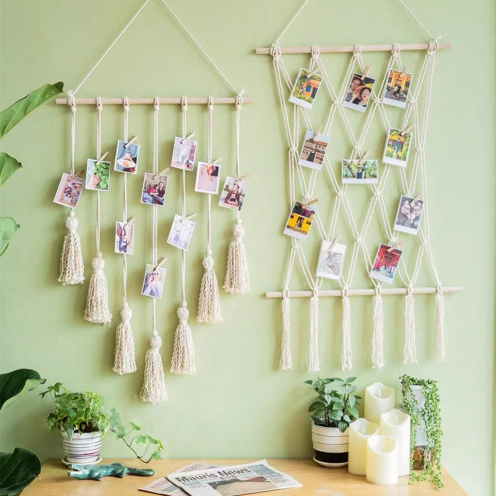 Cross-border Photo clip woven cotton rope tassel wooden stick decorative storage tapestry home hanging photo hanger tapestry