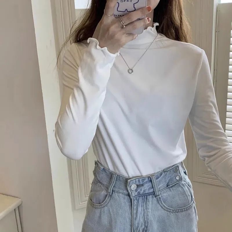 Double-sided velvet semi-high collar base shirt with wooden ear for women with autumn and winter western style thick warm long sleeve T-shirt top