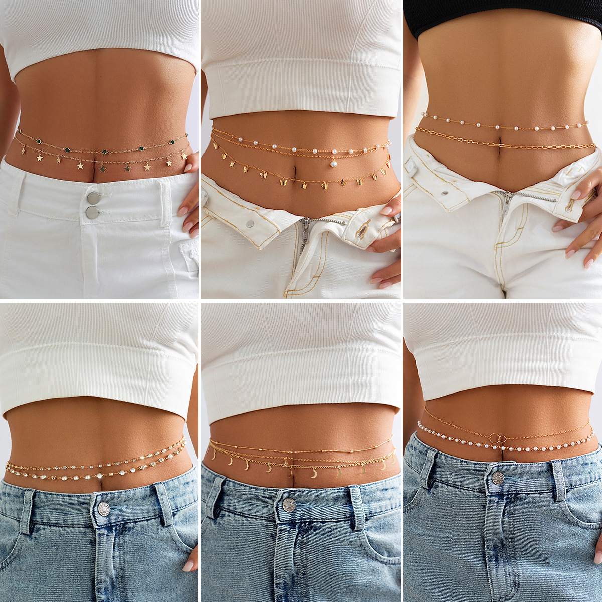 European and American Cross-border Jewelry Fashion Sweet Cool Alloy Double Thin Chain Waist Chain All-match Tassel Chain Sequin Body Chain