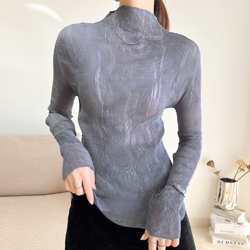 Picture of Miyake Ultra-thin Perspective Top Base Shirt Women's Spring and Summer Long-sleeved Sunscreen Western Style All-match Pleated Top Inner Shirt