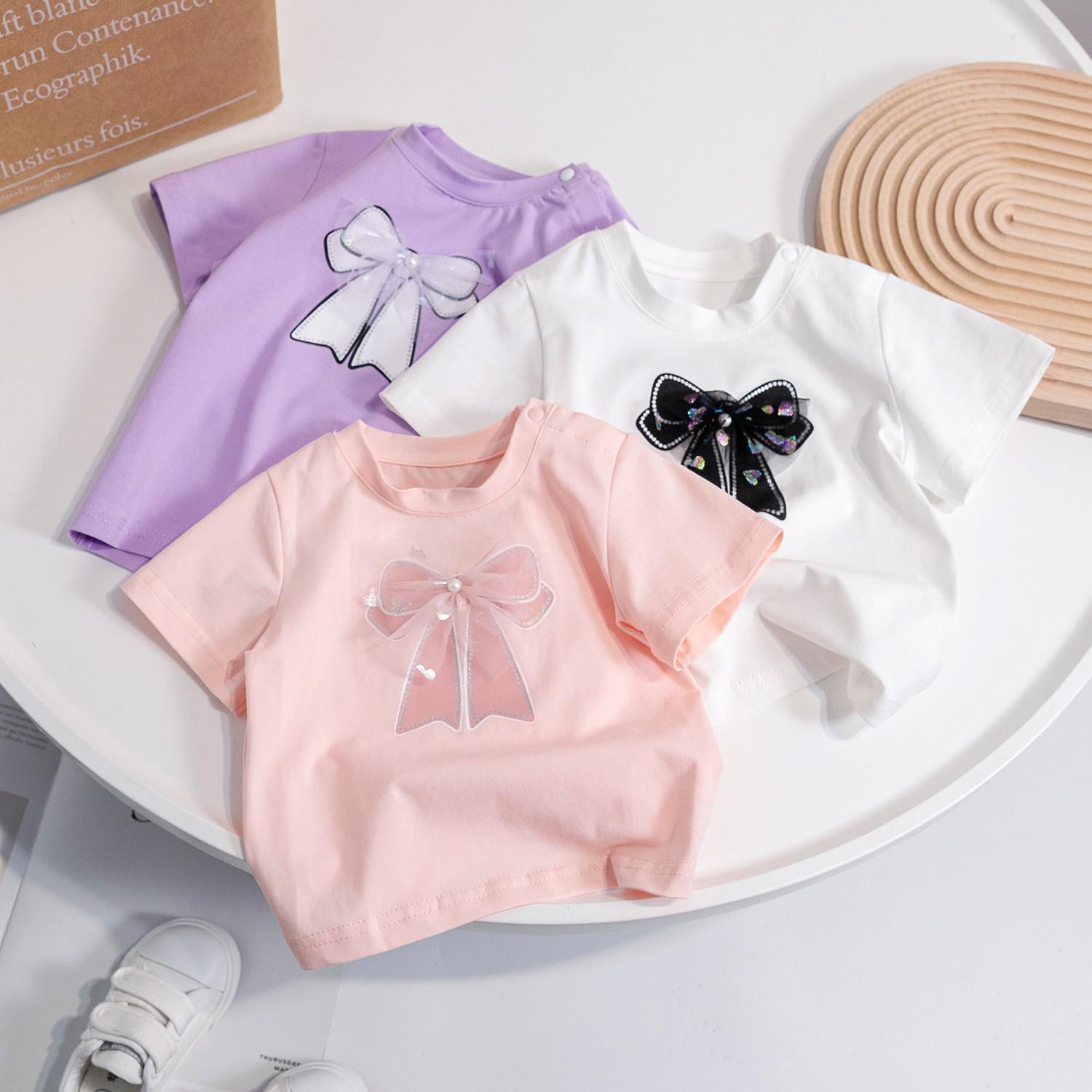 Girls 2025 New Summer Korean Style Cotton Short-Sleeved T-Shirt Fashionable and Cute Bow 3 Baby Girl Tops