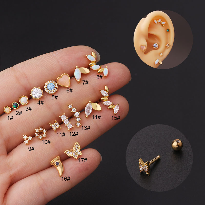 16g titanium steel thick Australian gem earrings Korean fashion zircon ear bone nail piercing earrings