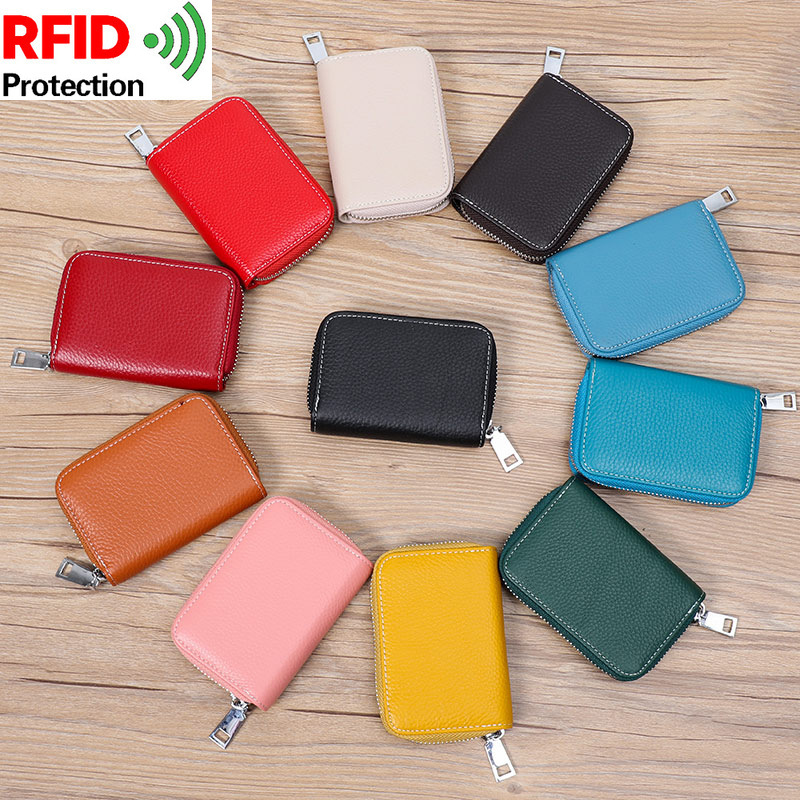 Picture of Zipper card holder unisex first layer cowhide rfid anti-theft brush magnetic leather female card holder