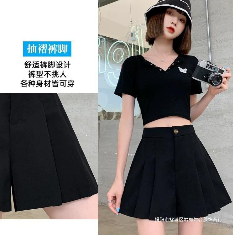 Pleated Pants Skirt Suit Wide-leg Pants Women's 2024 Spring and Autumn Hot New Style Small High Waist A- shaped Shorts
