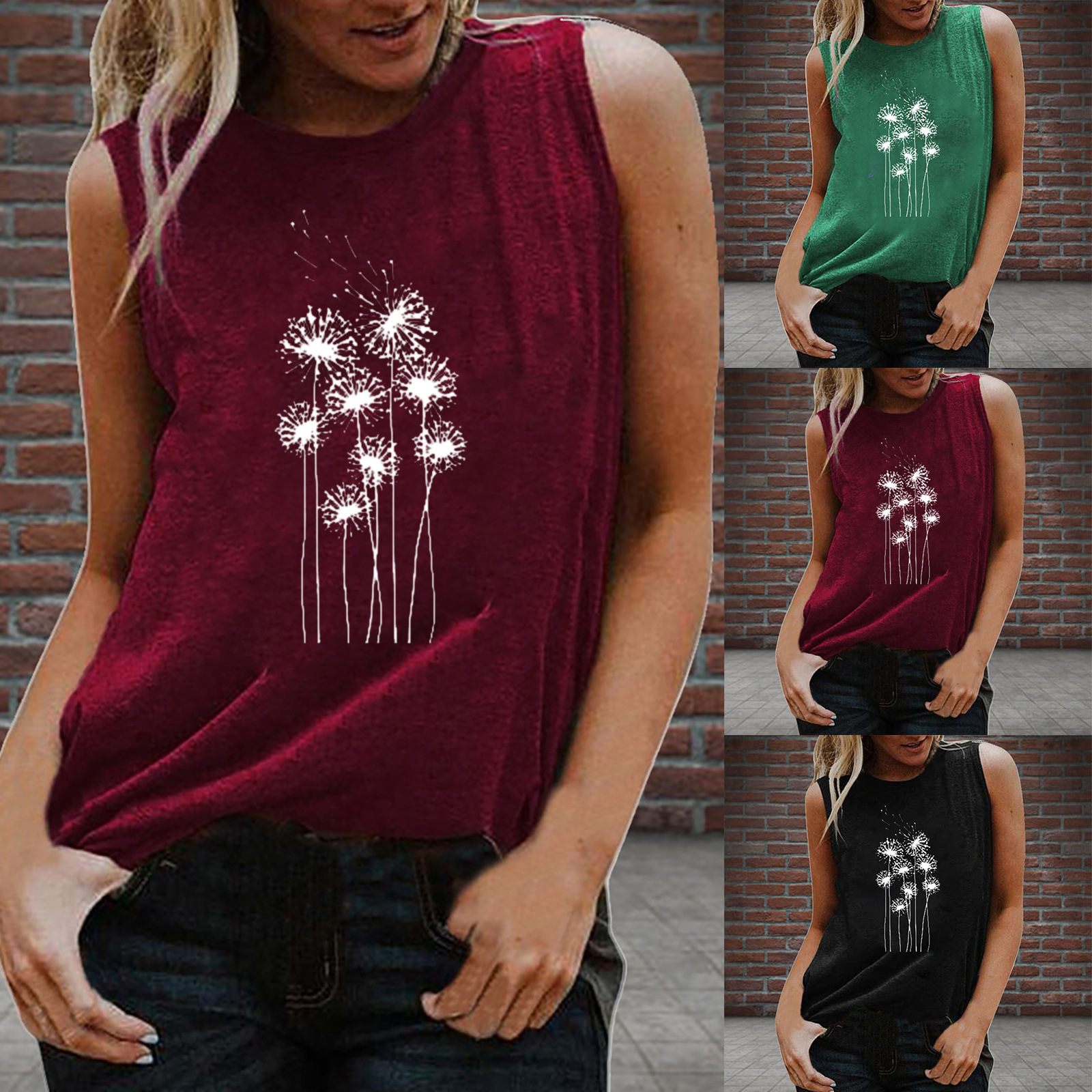Spring 2020 Cross-Border New Version Multiple Dandelion Print Women's T-Shirt Sleeveless Vest
