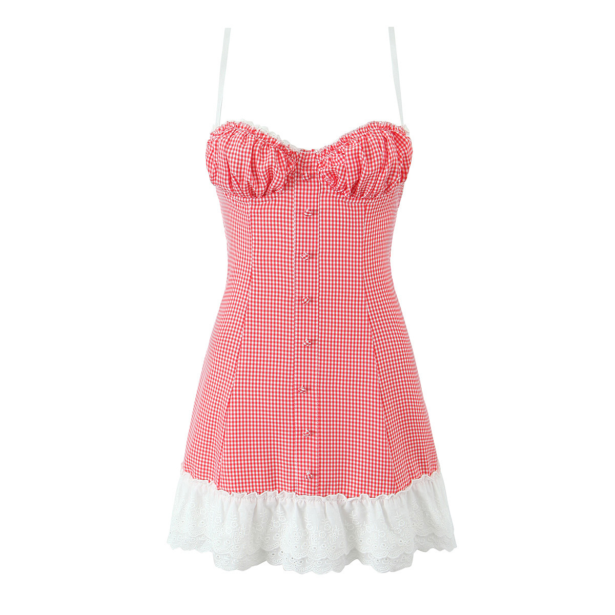 2024 new sweet red plaid lace stitching strap dress sexy slim back strap mini skirt