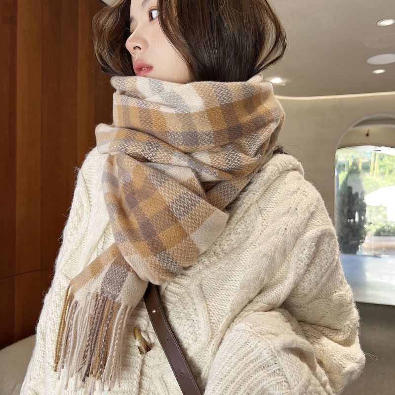 2025 Mid-length Thickened Scarf South Korea Sweet Warm Cashmere Scarf Plaid Shawl Scarf Women's High-end Sense