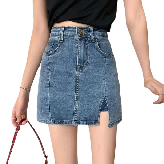 Picture of Spring and Summer 2024 New Anti-glare Denim Bust Skirt High Waist Elastic Slim A- line Split Hip Skirt