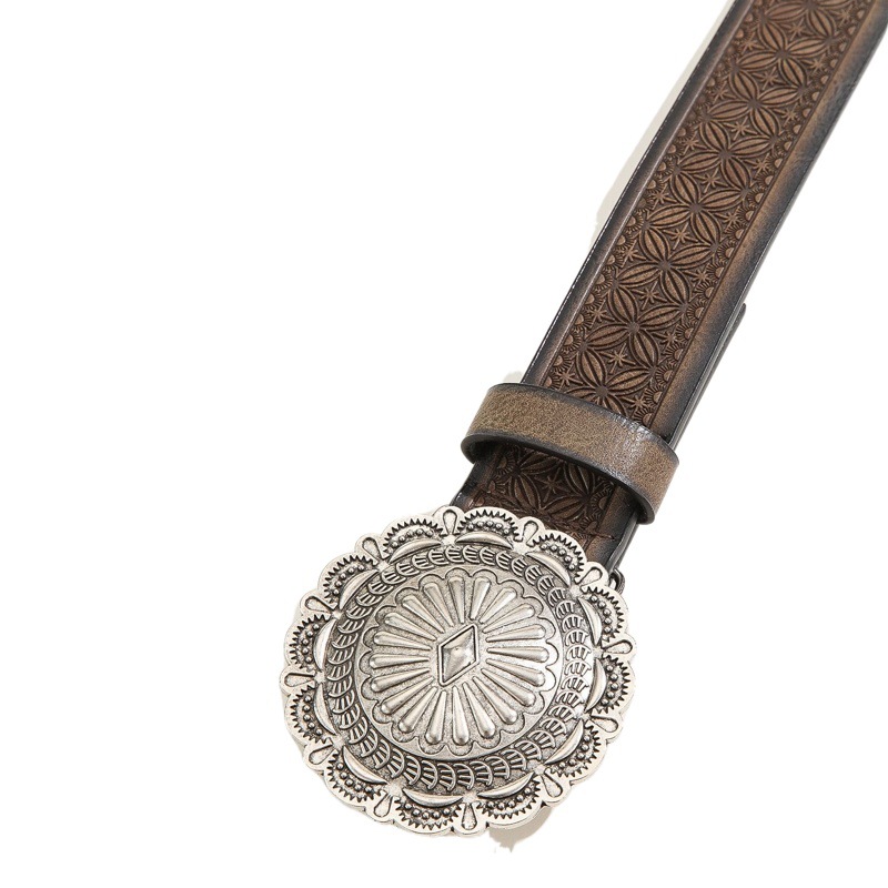 Belt Men's thickened domineering trendy big round flower buckle same style widened Bullhead durable youth belt