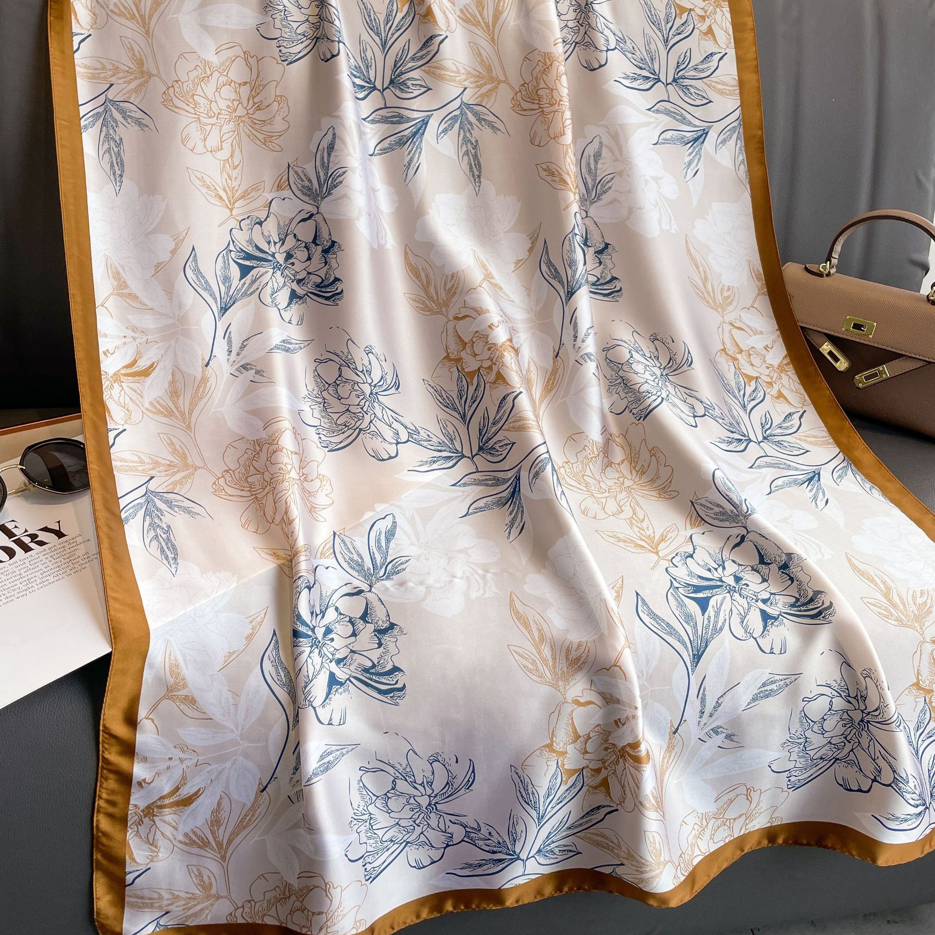 New elegant floral printed brocade satin scarf light luxury fashion shawl artificial silk scarf sunscreen Beach long scarf