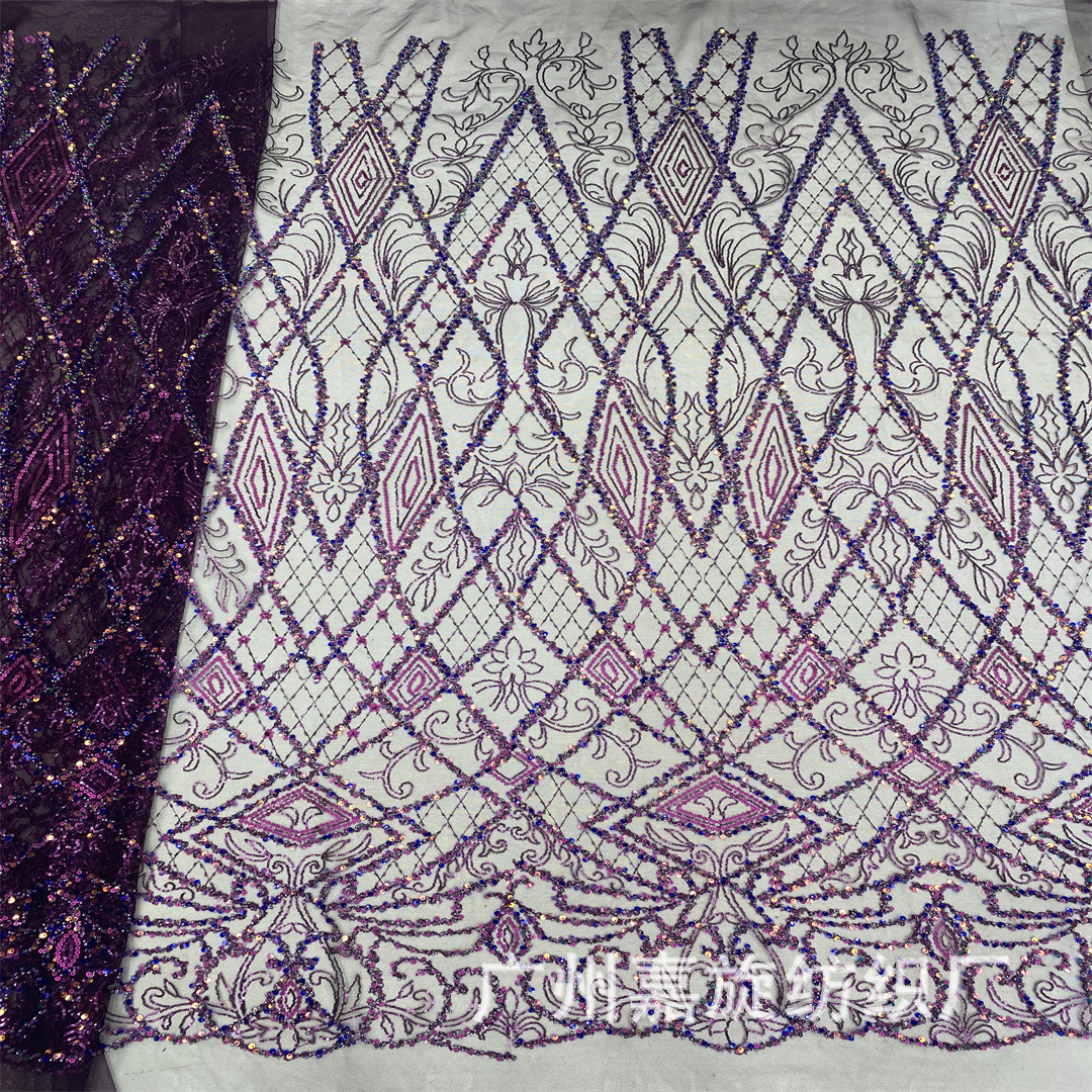 Picture of Colorful Sequin Rhombus Embroidery Fabric African Ethnic Style Mesh Wedding Dress Fashion Dress Embroidered Fabric