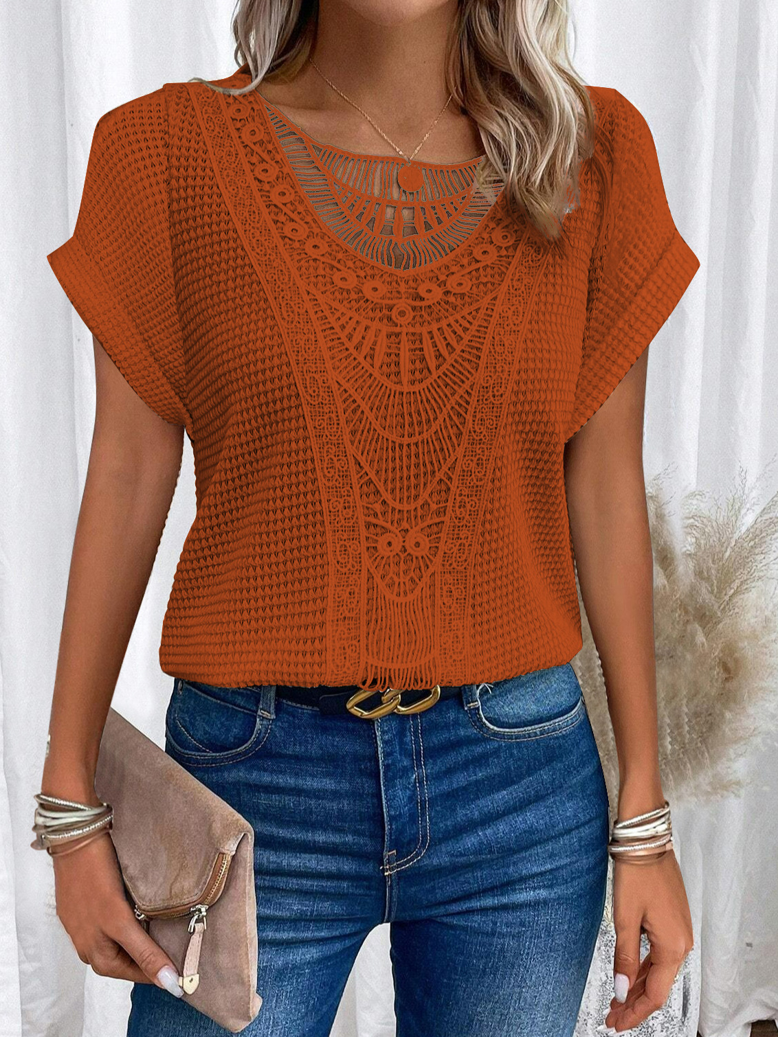 Picture of 2024 Amazon European and American spring and summer new independent stand lace stitching short-sleeved T-shirt in stock cross-border women's clothing