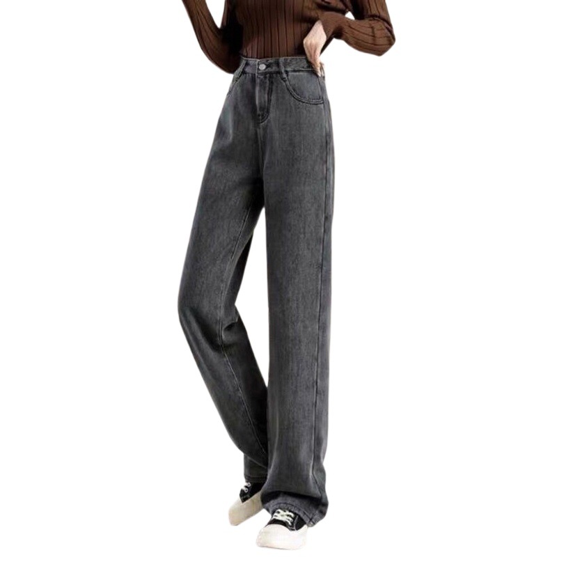 Velvet-lined Warm High Waist Casual Wide-leg Pants for Chubby Girls Autumn and Winter Large Size Loose Thickened Straight Floor-length Jeans for Women