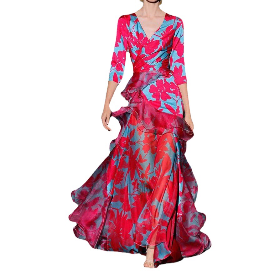 2025 New European and American Cross-Border Amazon Dress Elegant Women's Printed Maple Leaf Slim Multi-Layer V Neck Long Skirt