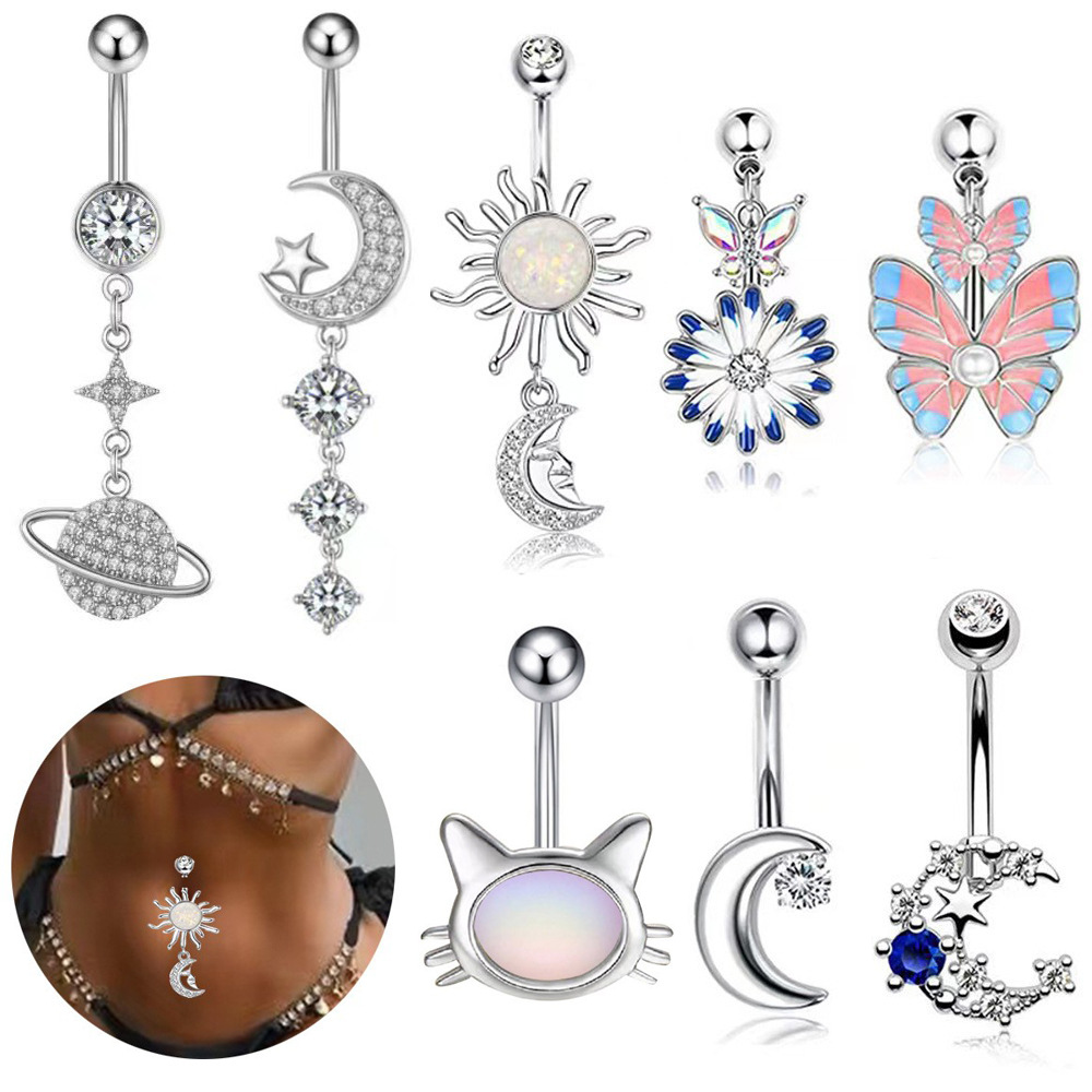 Amazon cross-border hot European and American puncture jewelry Planet Moon butterfly flower navel ring set zircon navel nail