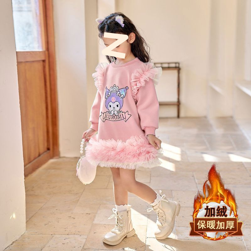 Picture of Girls' Autumn and Winter New fleece-lined dress 2024 New Middle and Large Children's Cartoon Mesh Stitching Western Style Mid-length Dress Trendy