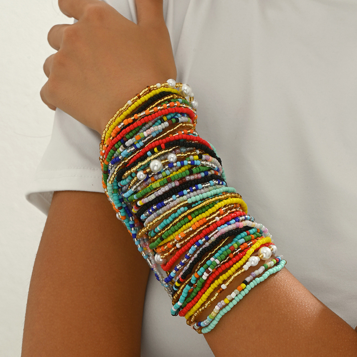 Geometric European and American Fashion Commuter Style Ladies Bracelet suit Niche Colorful Rice Beads Woven Design Multi-Layer Bracelet