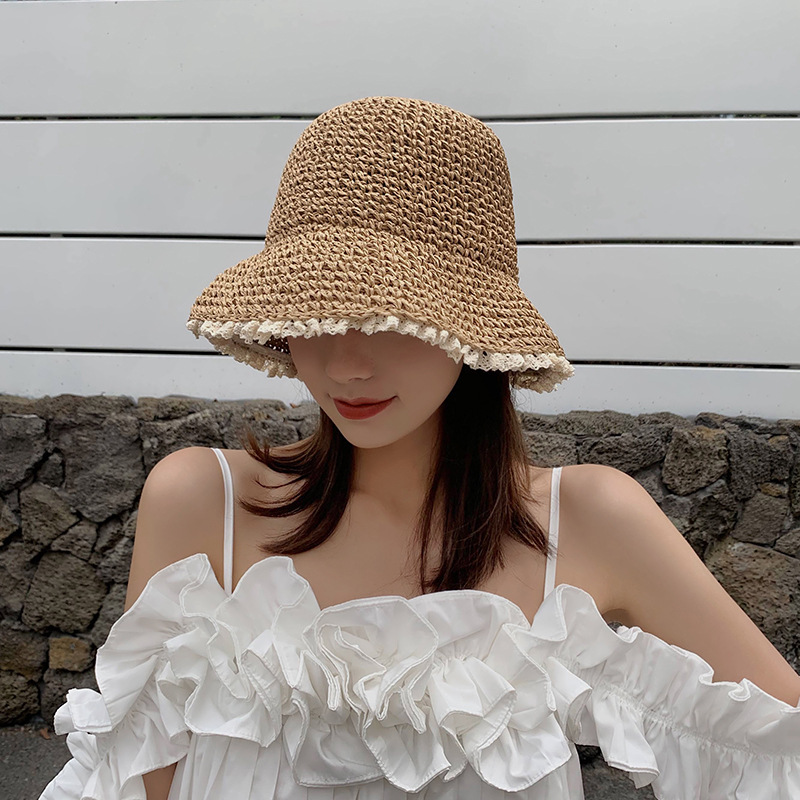 Japanese lace straw hat women's summer fresh Beach Sun-proof basin hat Korean style fashionable all-match sun-proof straw hat fisherman hat
