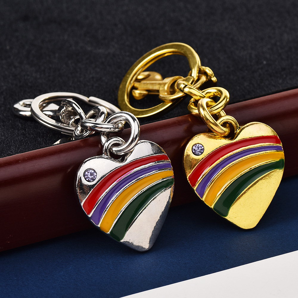European and American Foreign Trade Wholesale Alloy Gold-Plated Enamel Dripping Oil Heart-Shaped Rainbow Pendant Keychain Bag Pendant Manufacturer Direct