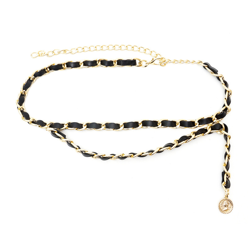 European and American cross-border jewelry street shot metal chain woven leather belt trendy Queen head portrait alloy multi-layer body chain