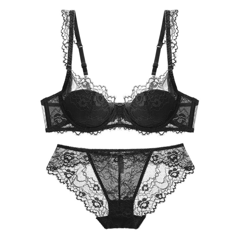 French Style Underwear Women's Sexy Thin Cotton Transparent Lace Underwear Large Chest Small Anti-sagging plus size Bra suit Bra