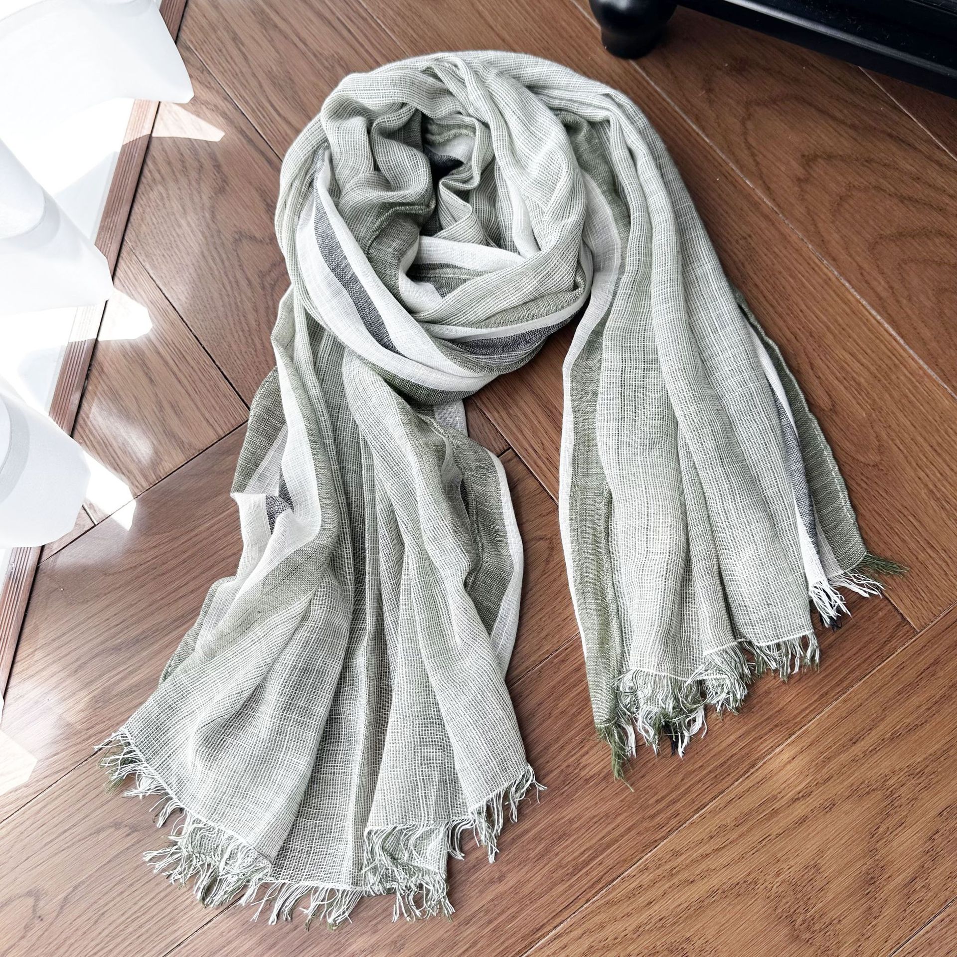 Picture of Literary Classic Striped Color Matching Bamboo Cotton Yarn Scarf Women's Four Seasons Good Wear Thin Long Silk Scarf Sunscreen Shawl